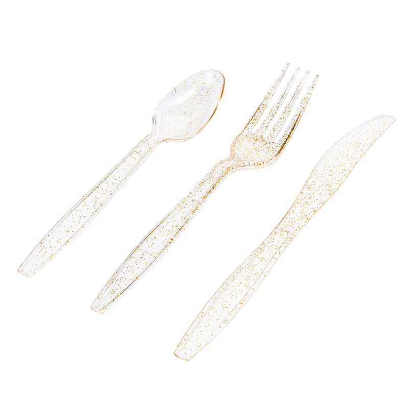 MATANA 300 Gold Glitter Plastic Silverware Set 100 Spoons 100 Knives 100 Forks, Heavy Duty Clear Plastic Cutlery Set Party Utensils for Wedding Receptions, Birthday Parties, Banquet & Catering - Image 4